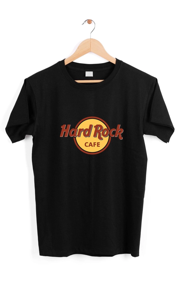 Unisex Siyah Hard Rock Baskılı T-shirt