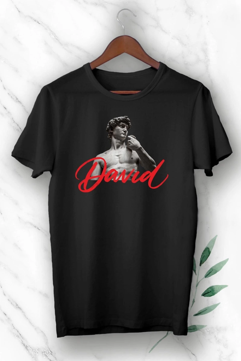 Unisex Siyah Mitoloji Davut Heykeli Baskılı Tişört