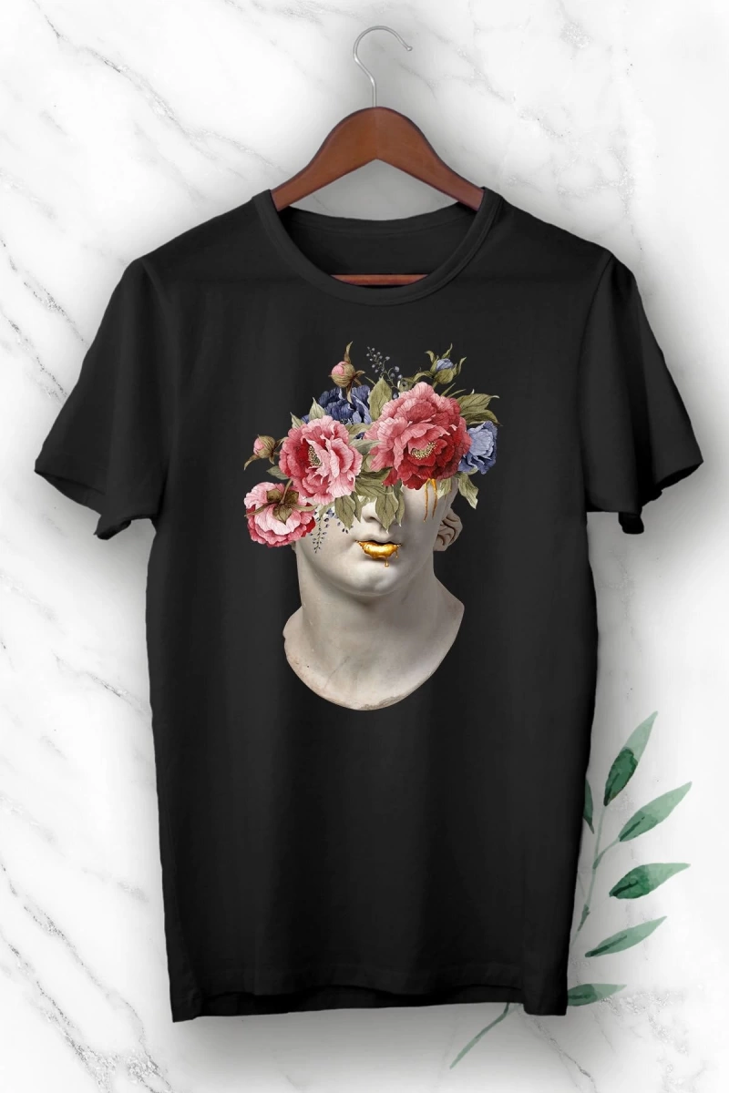 Unisex Siyah Mitoloji Heykel Baskılı T-Shirt