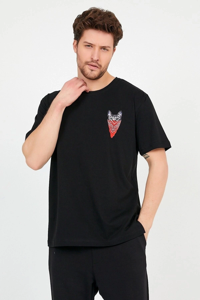 Unisex Siyah Önü Kedi Baskılı Bol Kesim Oversize Pamuklu Tshirt