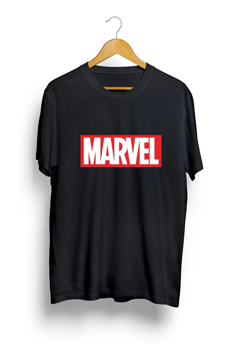 Unisex Siyah Oversize Marvel Baskılı T-shirt
