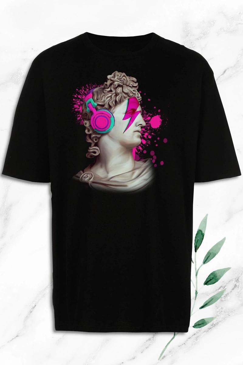 Unisex Siyah Oversize Mitoloji Heykel Baskılı T-Shirt