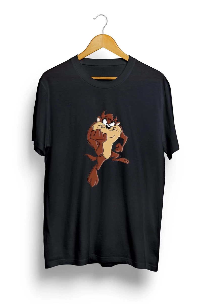 Unisex Siyah Oversize Tazmanya Canavarı Baskılı T-shirt
