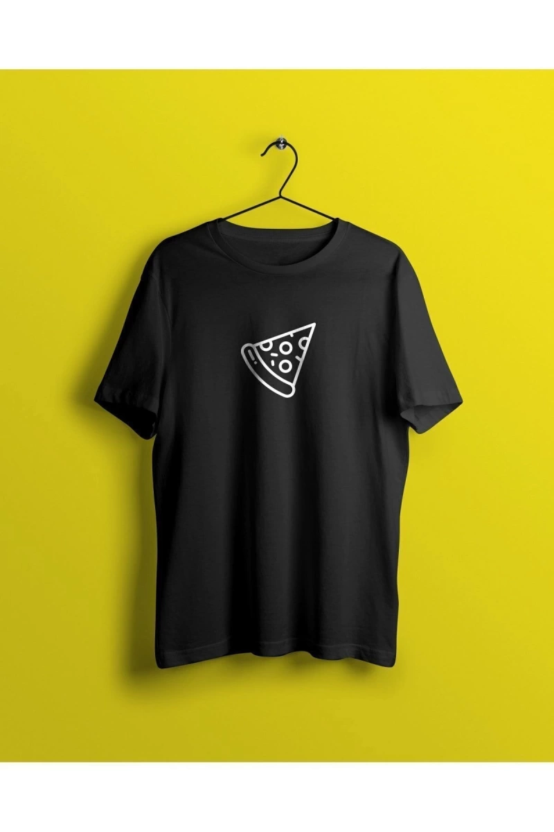 Unisex Siyah Pizza Baskılı T-shirt