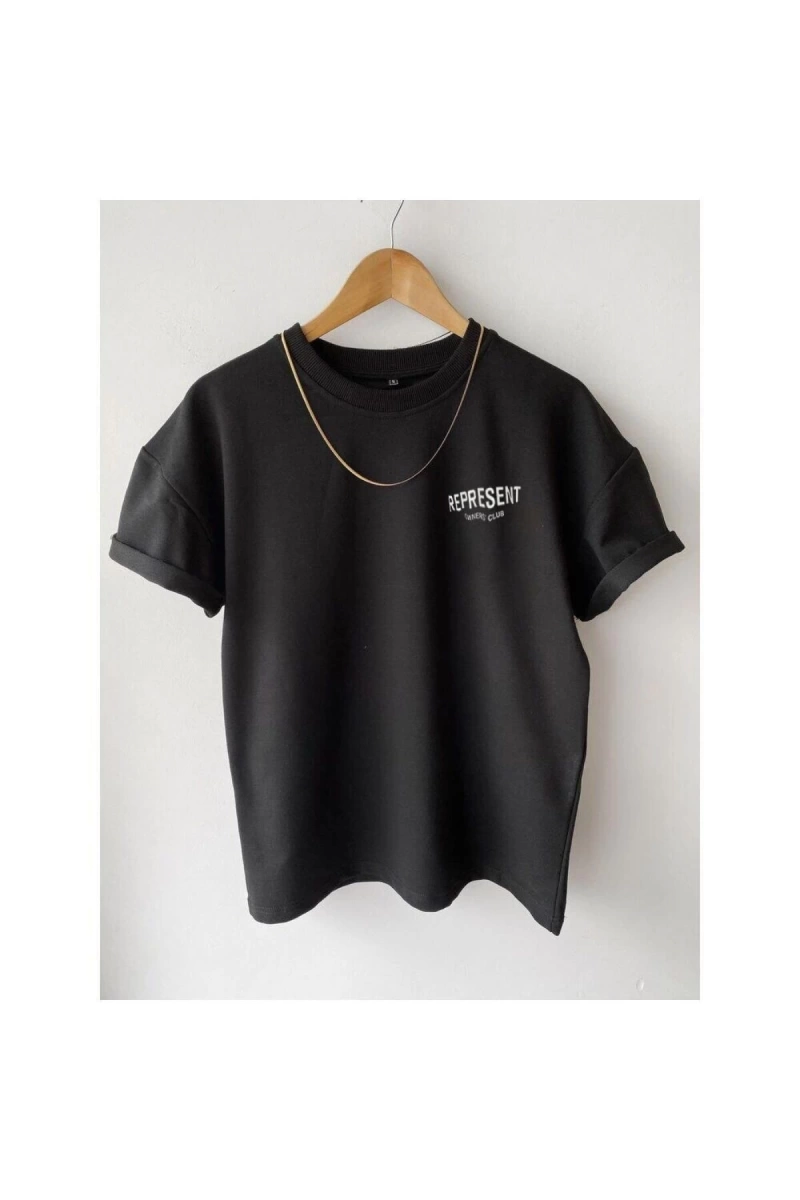 Unisex Siyah Represent Baskılı Oversize Bisiklet Yaka T-shirt