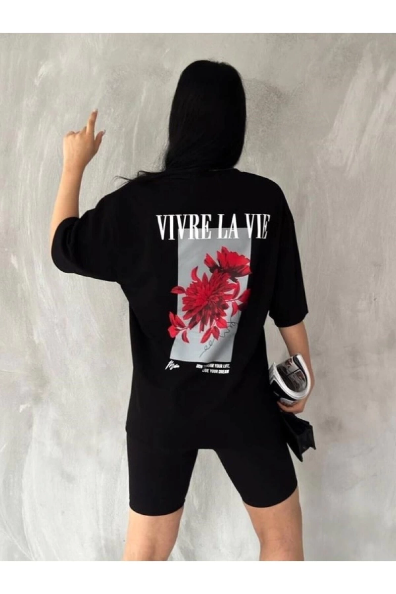 Unisex Siyah Vivre La Vie Baskılı Oversize Bisiklet Yaka Penye Tişört