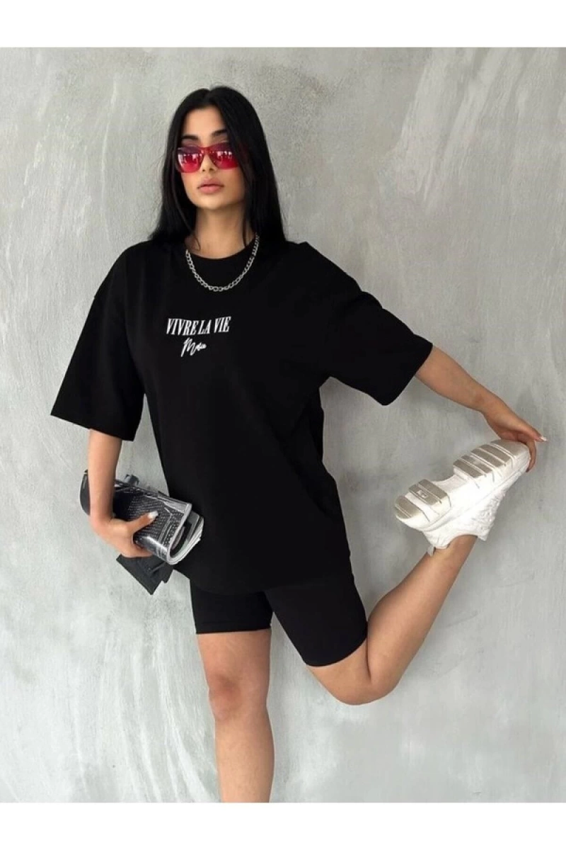 Unisex Siyah Vivre La Vie Baskılı Oversize Bisiklet Yaka Penye Tişört