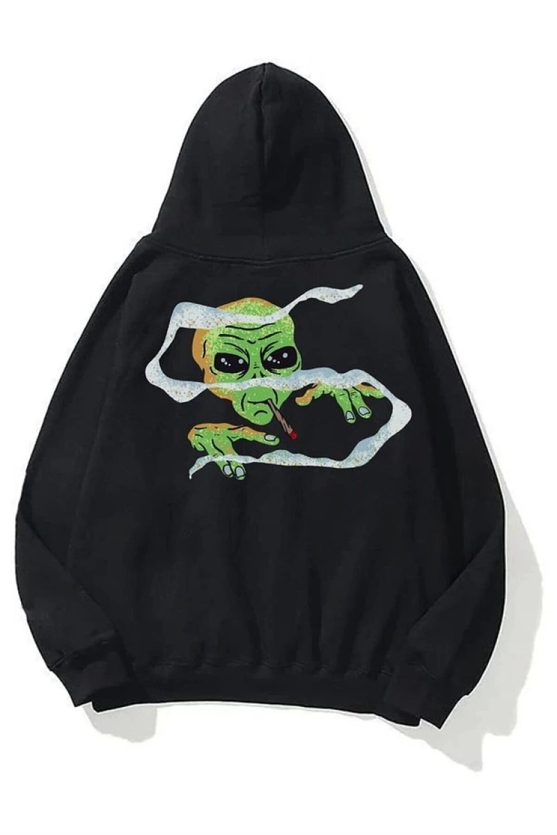 Unisex Smoking Alien Sweatshirt Hoodie Siyah
