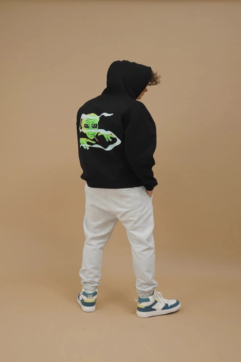 Unisex Smoking Alien Sweatshirt Hoodie Siyah
