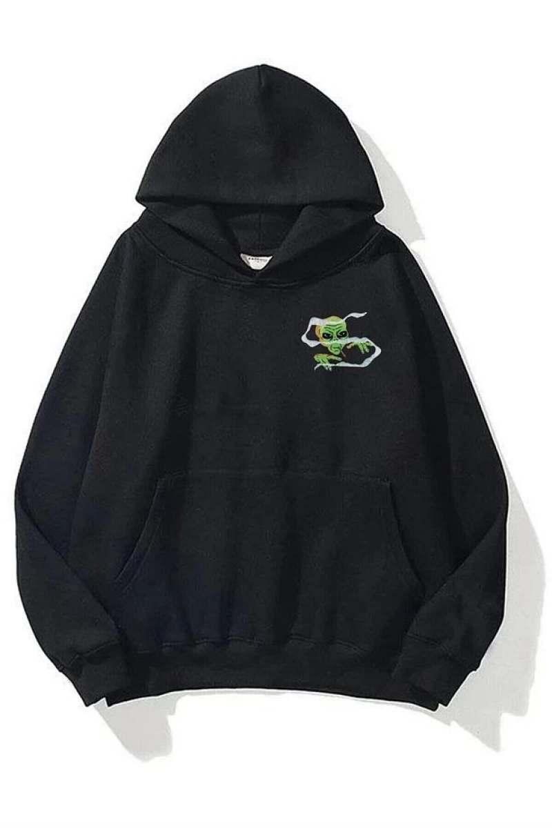 Unisex Smoking Alien Sweatshirt Hoodie Siyah