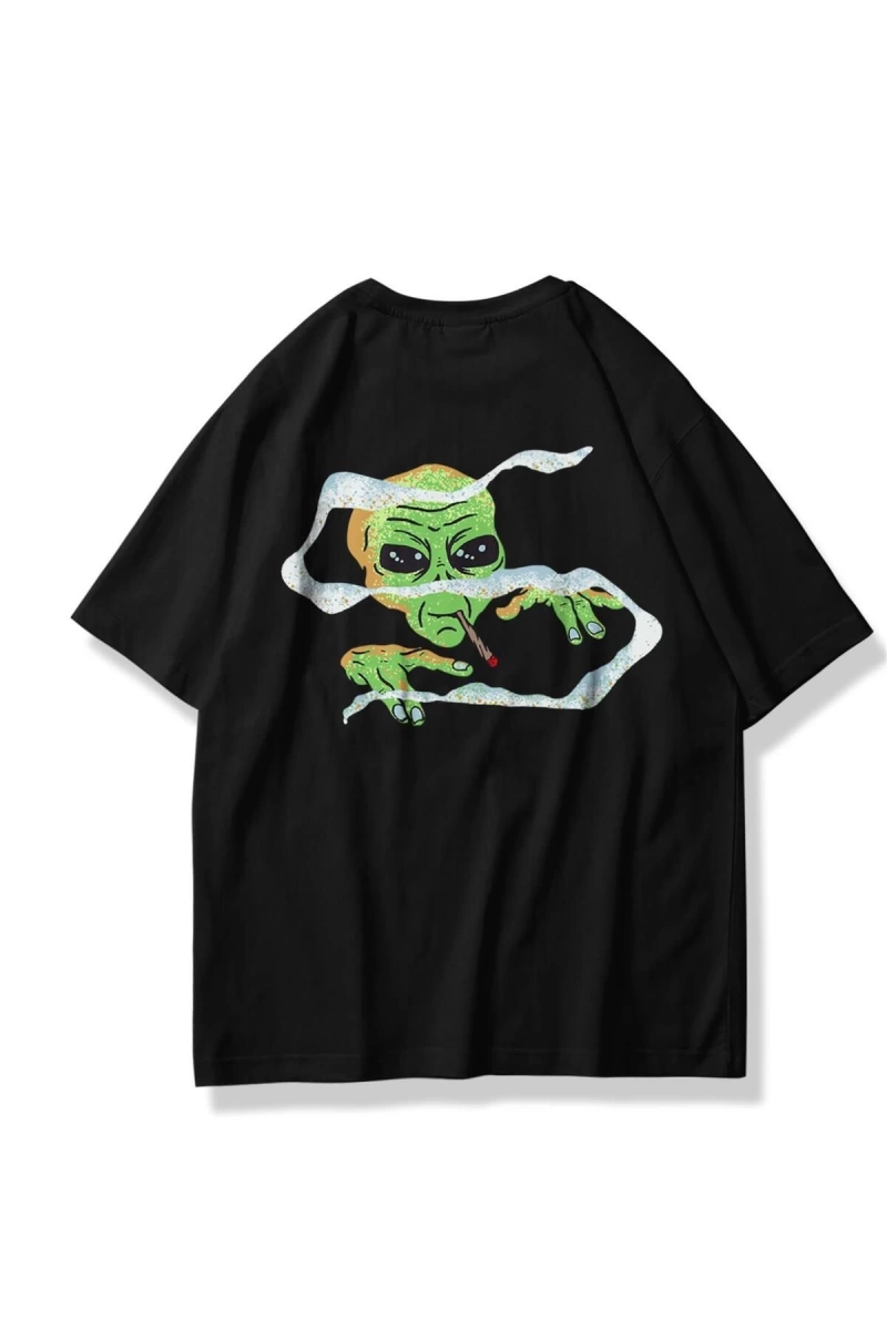 Unisex Smoking Alien Tshirt Siyah