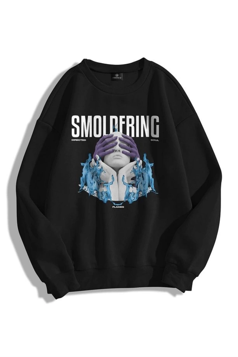 Unisex Smoldering Bisiklet Yaka Sweatshirt Siyah