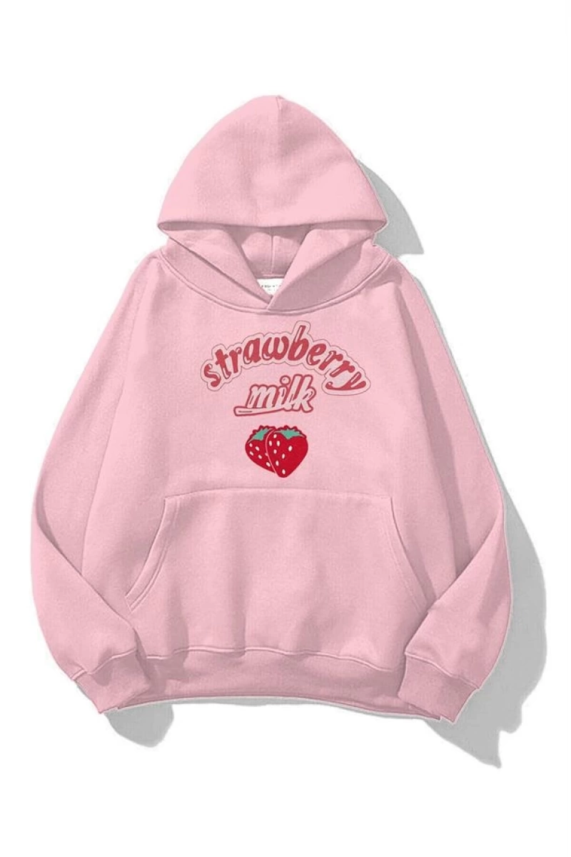 Unisex Strawberry Milk Sweatshirt Hoodie Pembe