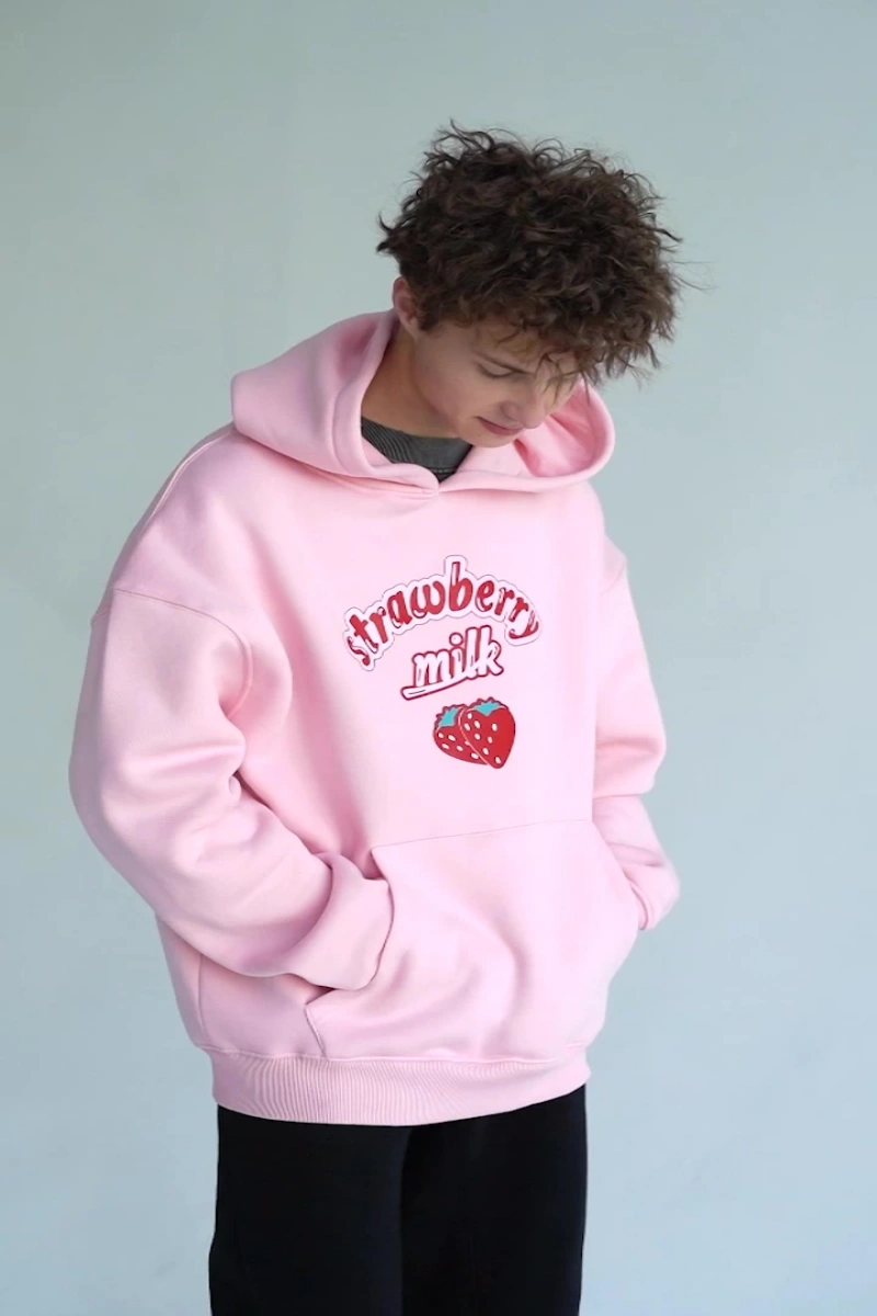 Unisex Strawberry Milk Sweatshirt Hoodie Pembe