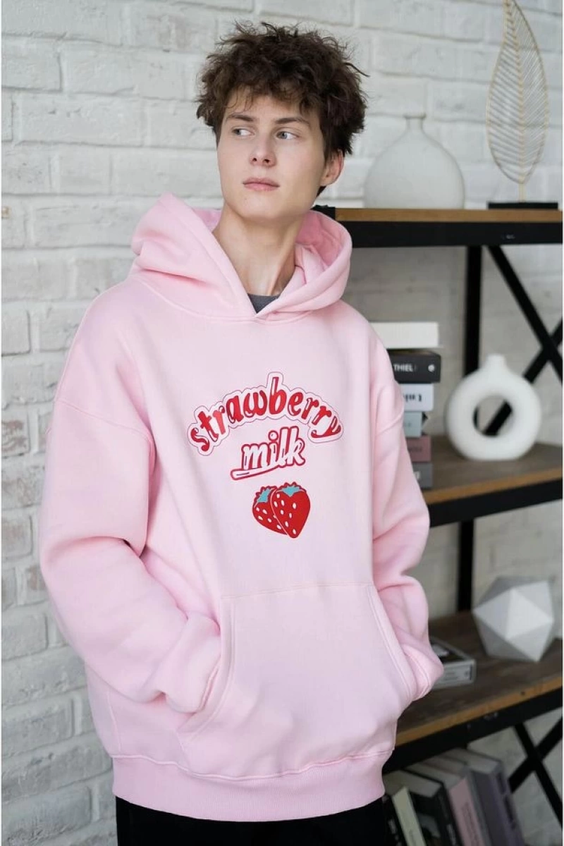 Unisex Strawberry Milk Sweatshirt Hoodie Pembe