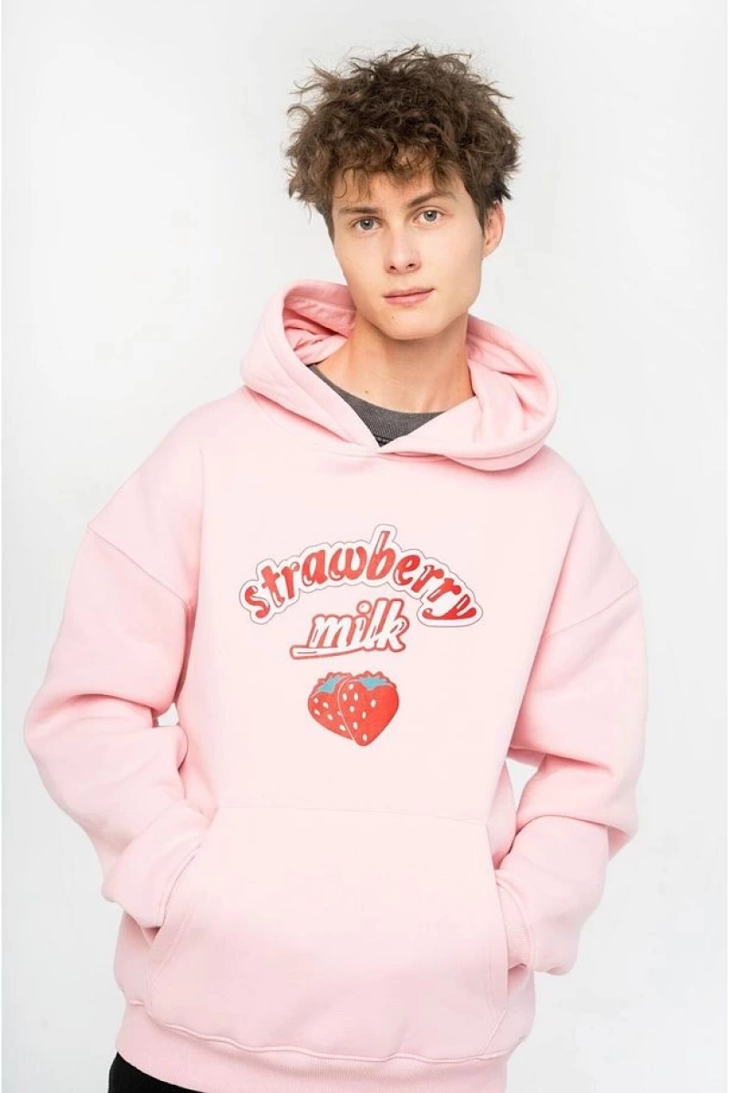Unisex Strawberry Milk Sweatshirt Hoodie Pembe