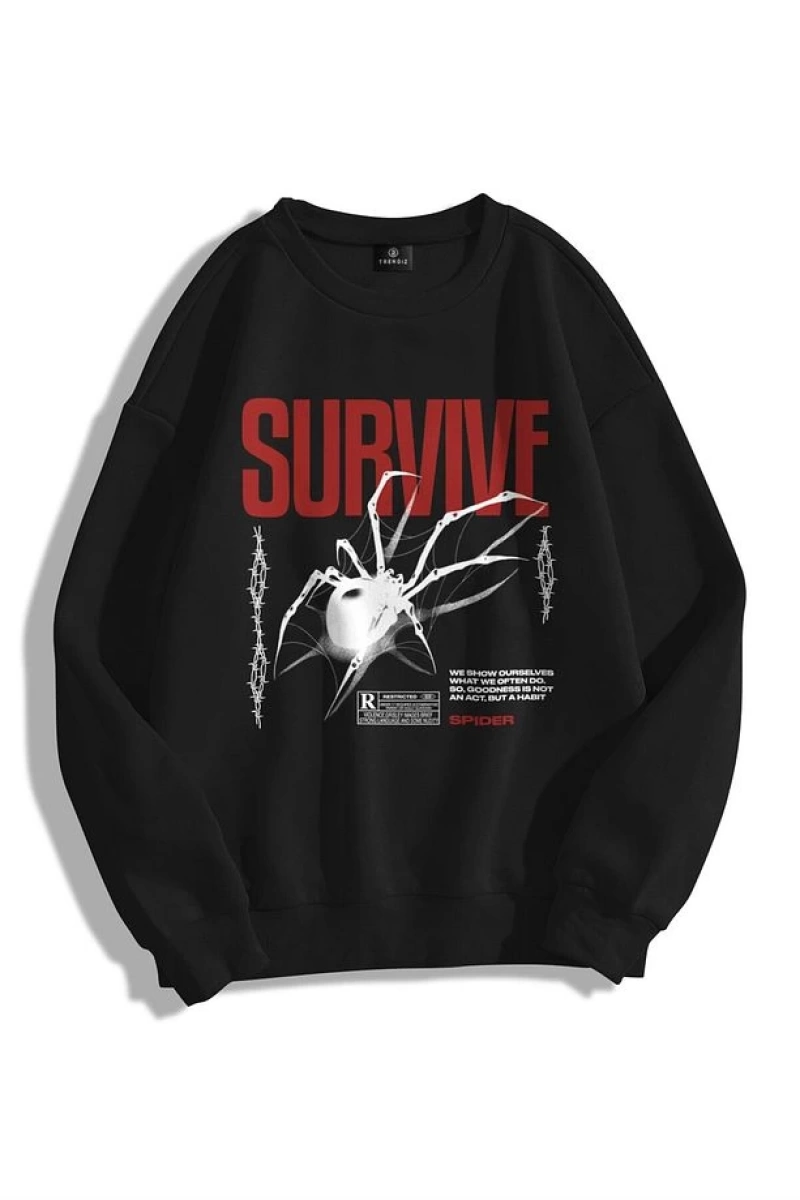Unisex Survive Bisiklet Yaka Sweatshirt Siyah