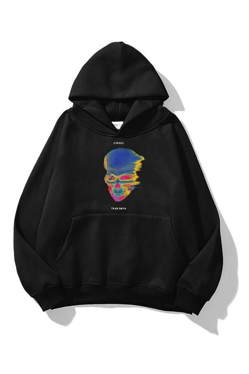 Unisex Thermal Skull Sweatshirt Hoodie Siyah