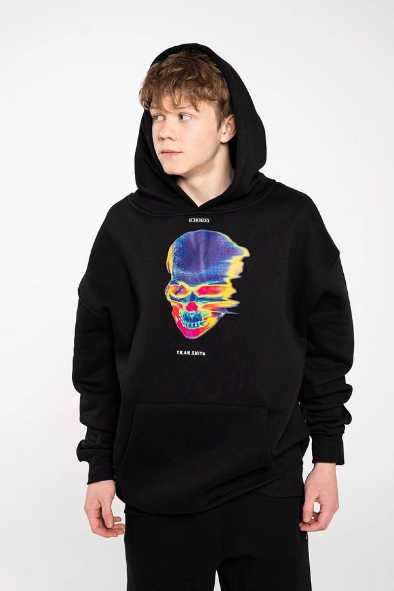 Unisex Thermal Skull Sweatshirt Hoodie Siyah