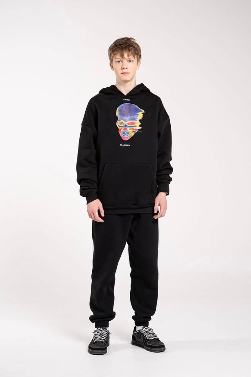 Unisex Thermal Skull Sweatshirt Hoodie Siyah