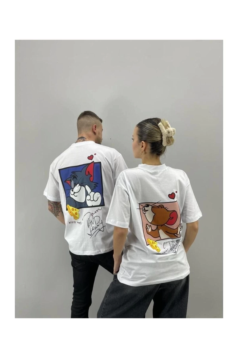 Unisex Tshirt Beyaz Tom Ve Jerry Baskılı Sevgili Çift Kombini 2 li Set