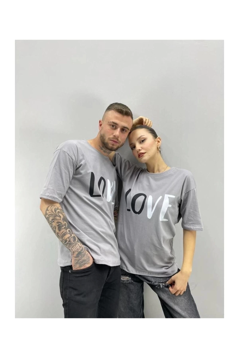 Unisex Tshirt Gri Love Baskılı Sevgili Çift Kombini 2 li Set