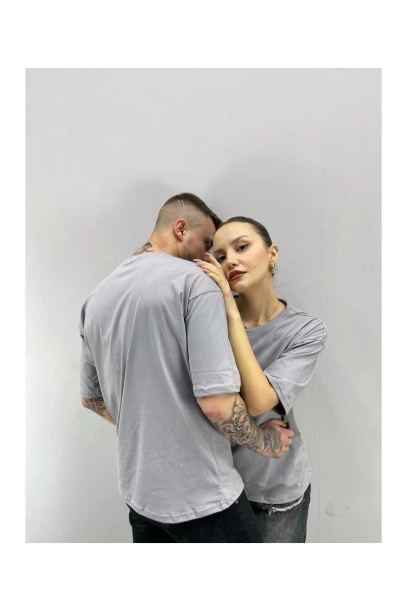 Unisex Tshirt Gri Love Baskılı Sevgili Çift Kombini 2 li Set