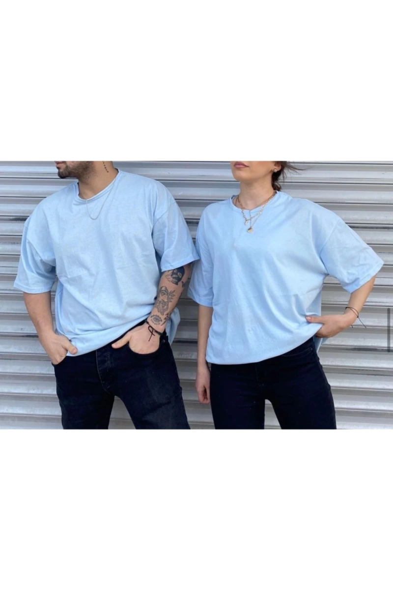 Unisex Turkuaz Bisiklet Yaka Sevgili Kombin 2 Li Paket Tshirt