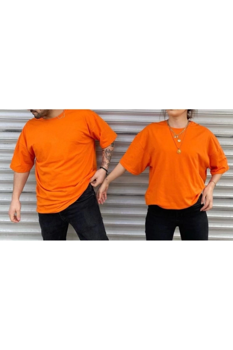 Unisex Turuncu Bisiklet Yaka Sevgili Kombin 2 Li Paket Tshirt
