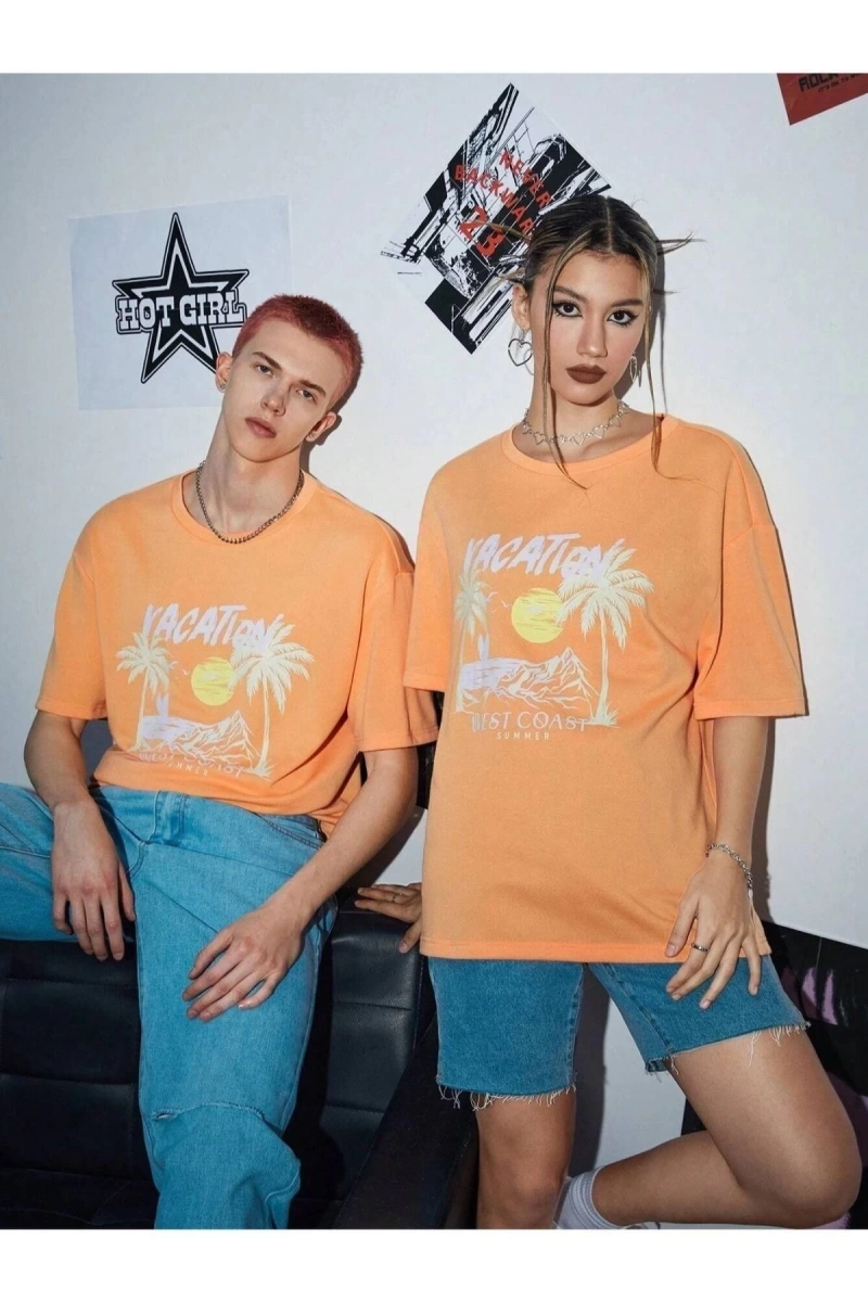 Unisex Turuncu Vacatıon Baskılı 2li Set Sevgili Çift Kombini