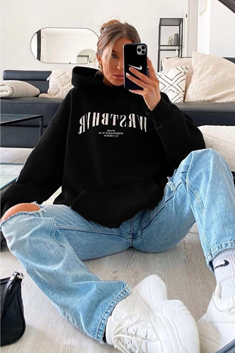 Unisex Wrstbhr Baskılı Oversize Kapüşonlu Sweatshirt