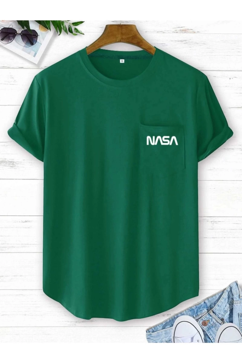 Unisex Yeşil Cepli Nasa Baskılı Oversize Bisiklet Yaka Tişört
