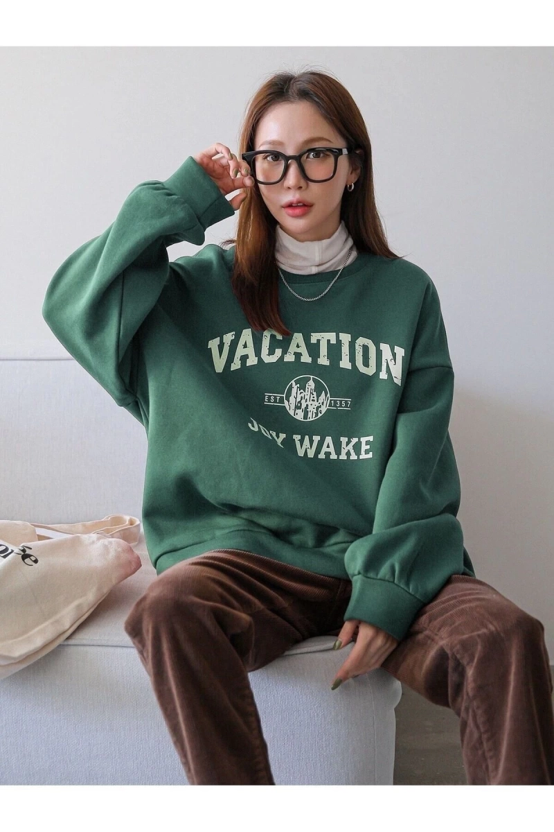 Unisex Yeşil Vacation Joy Wake Baskılı Oversize Bisiklet Yaka Sweatshirt