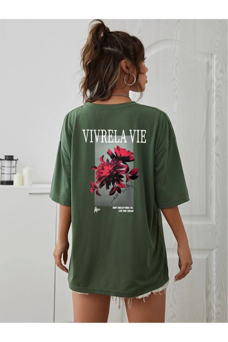 Unisex Yeşil Vivre La Vie Baskılı Oversize Bisiklet Yaka Penye Tişört