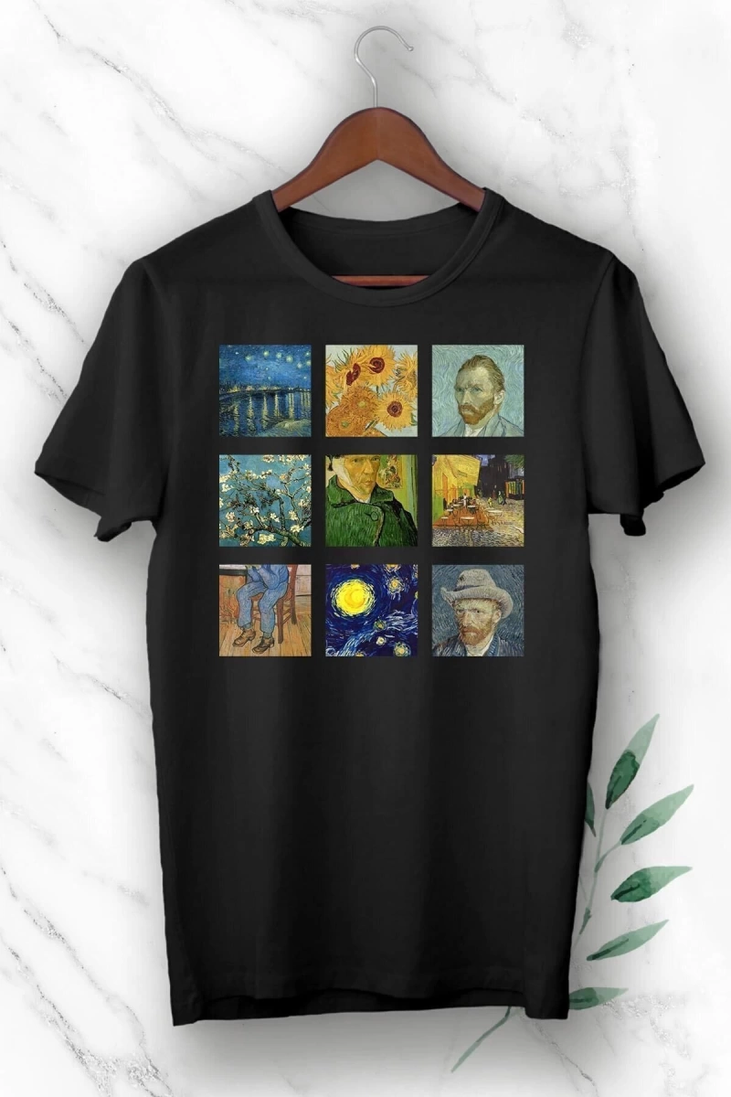 Unixes Siyah Art Van Gogh Portre Kolaj Baskılı T-shırt