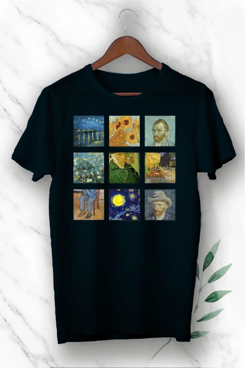 Unixes Siyah Art Van Gogh Portre Kolaj Baskılı T-shırt