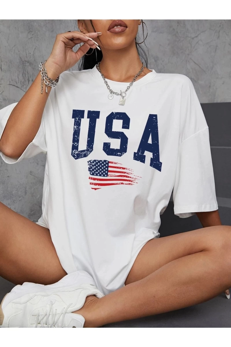 Usa Flag Baskılı Beyaz Oversize Tişört