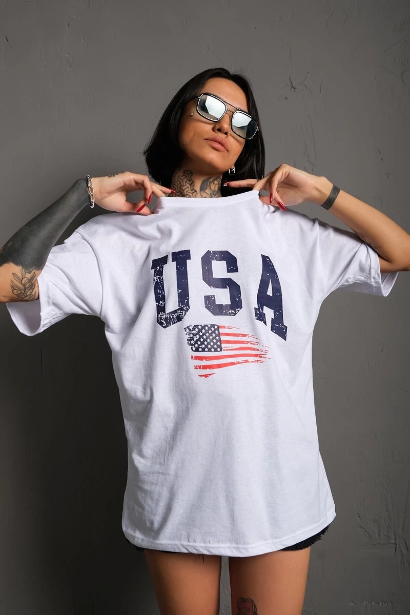 Usa Flag Baskılı Beyaz Oversize Tişört