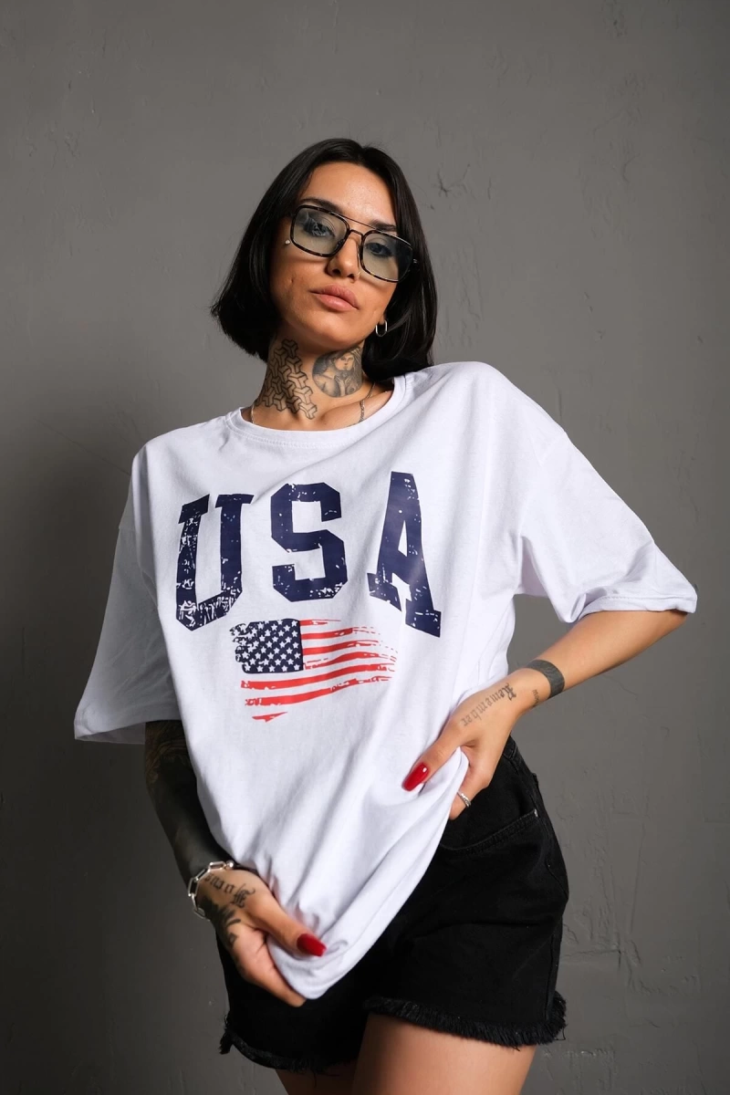 Usa Flag Baskılı Beyaz Oversize Tişört