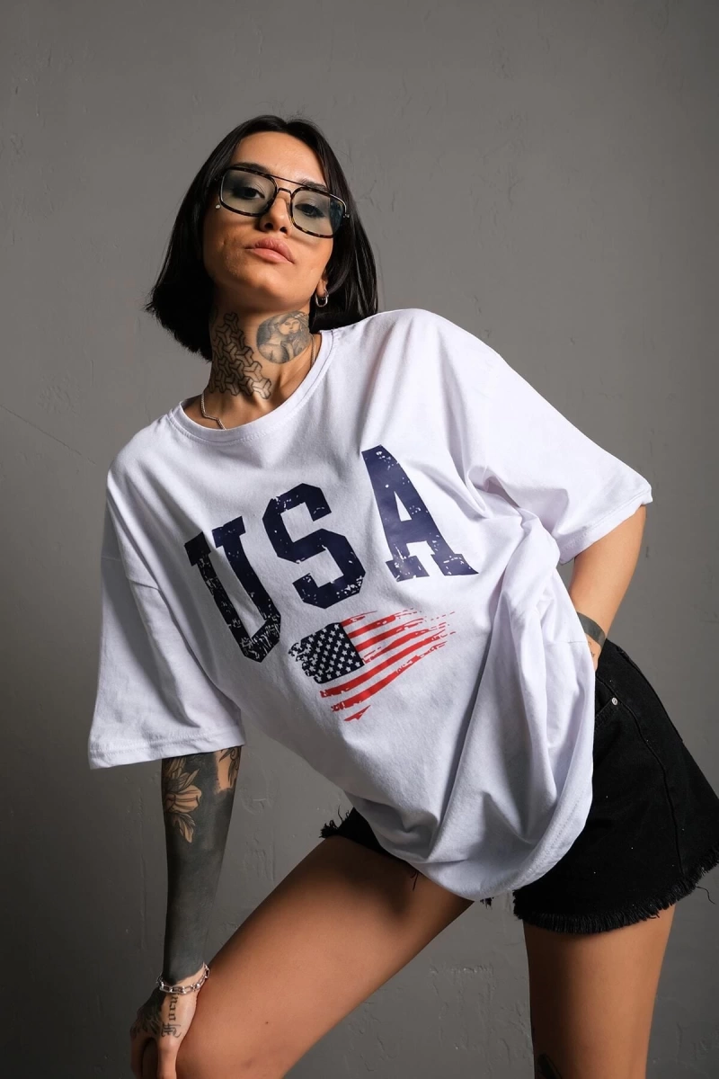 Usa Flag Baskılı Beyaz Oversize Tişört