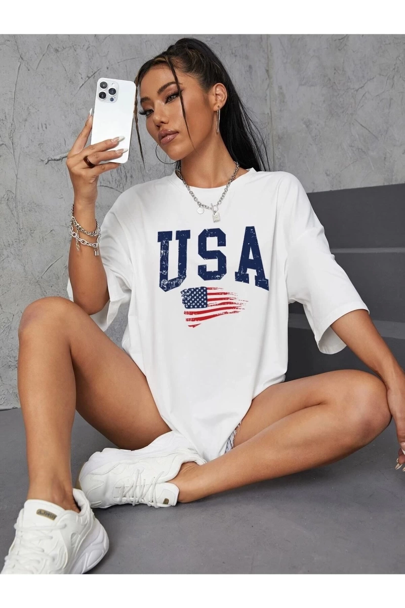 Usa Flag Baskılı Beyaz Oversize Tişört