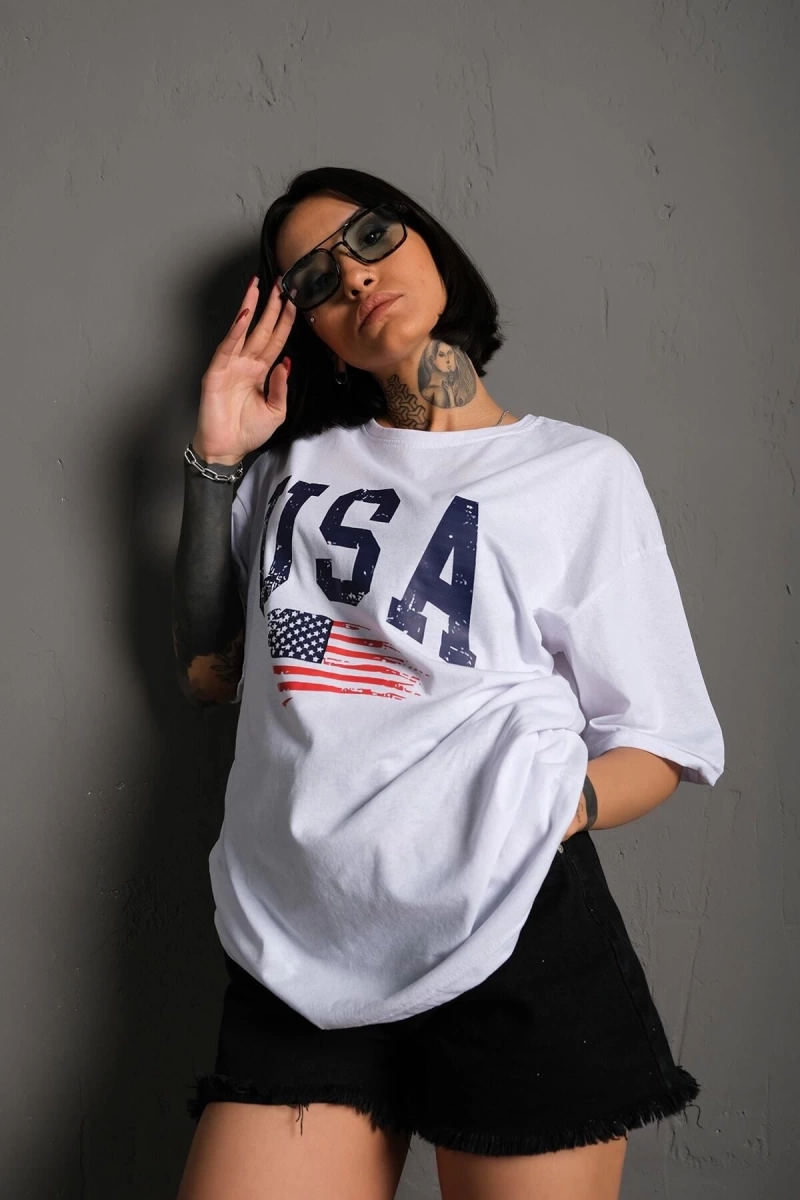 Usa Flag Baskılı Beyaz Oversize Tişört