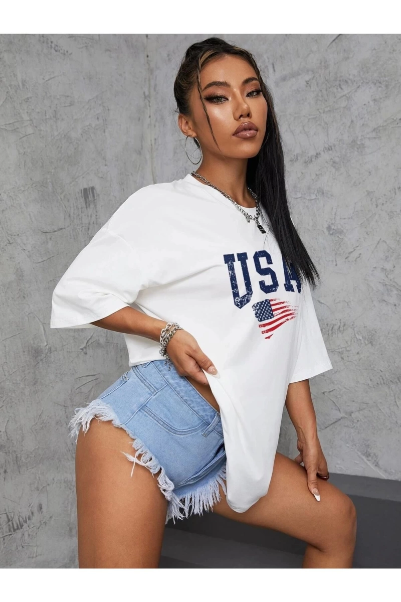 Usa Flag Baskılı Beyaz Oversize Tişört