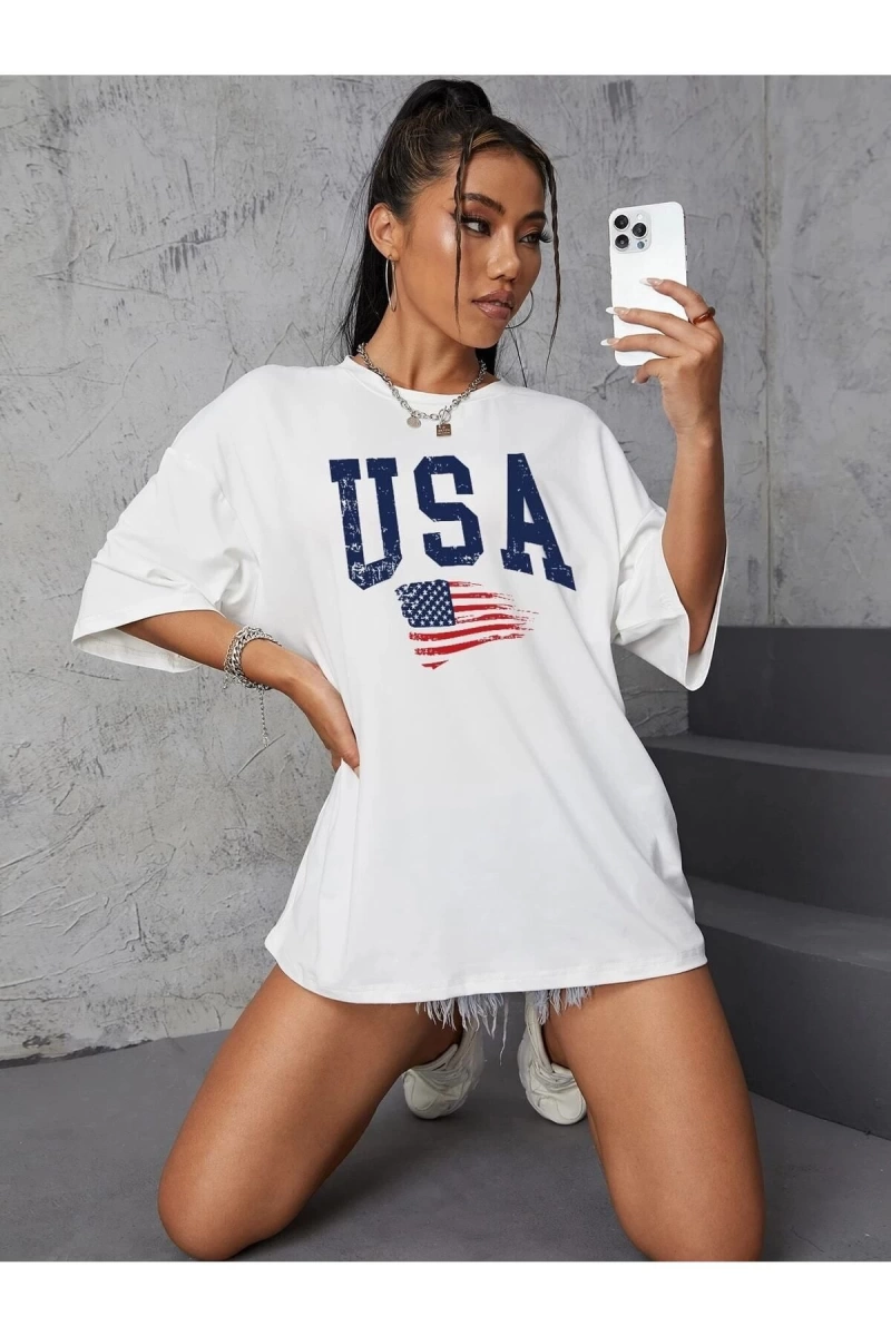 Usa Flag Baskılı Beyaz Oversize Tişört