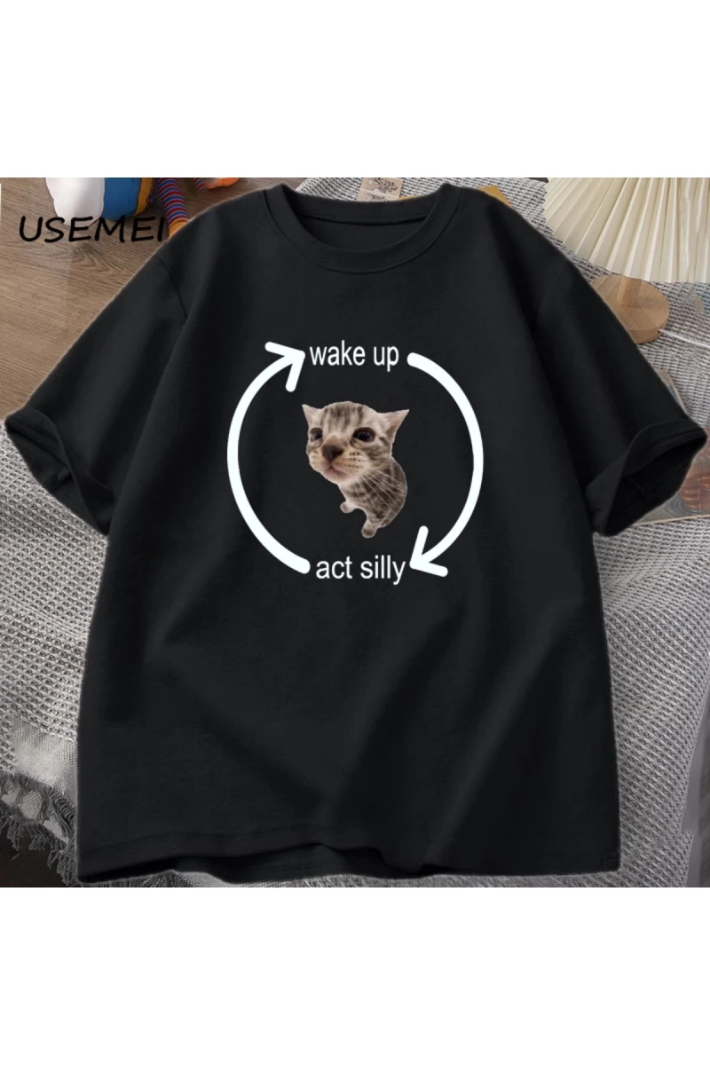 Uyandırma hareket aptal kedi T Shirt erkek kadın rahat erkek