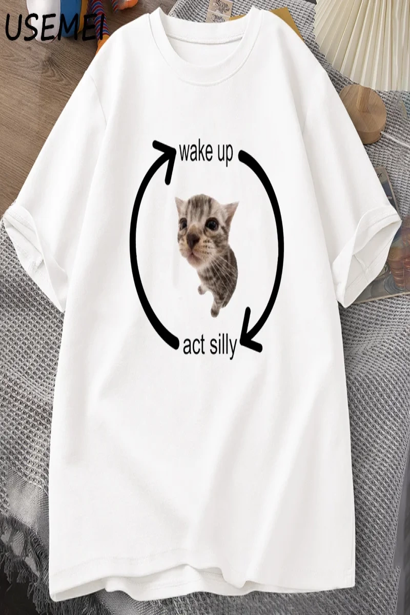 Uyandırma hareket aptal kedi T Shirt erkek kadın rahat erkek tişört adam giysileri pamuk kısa 2989