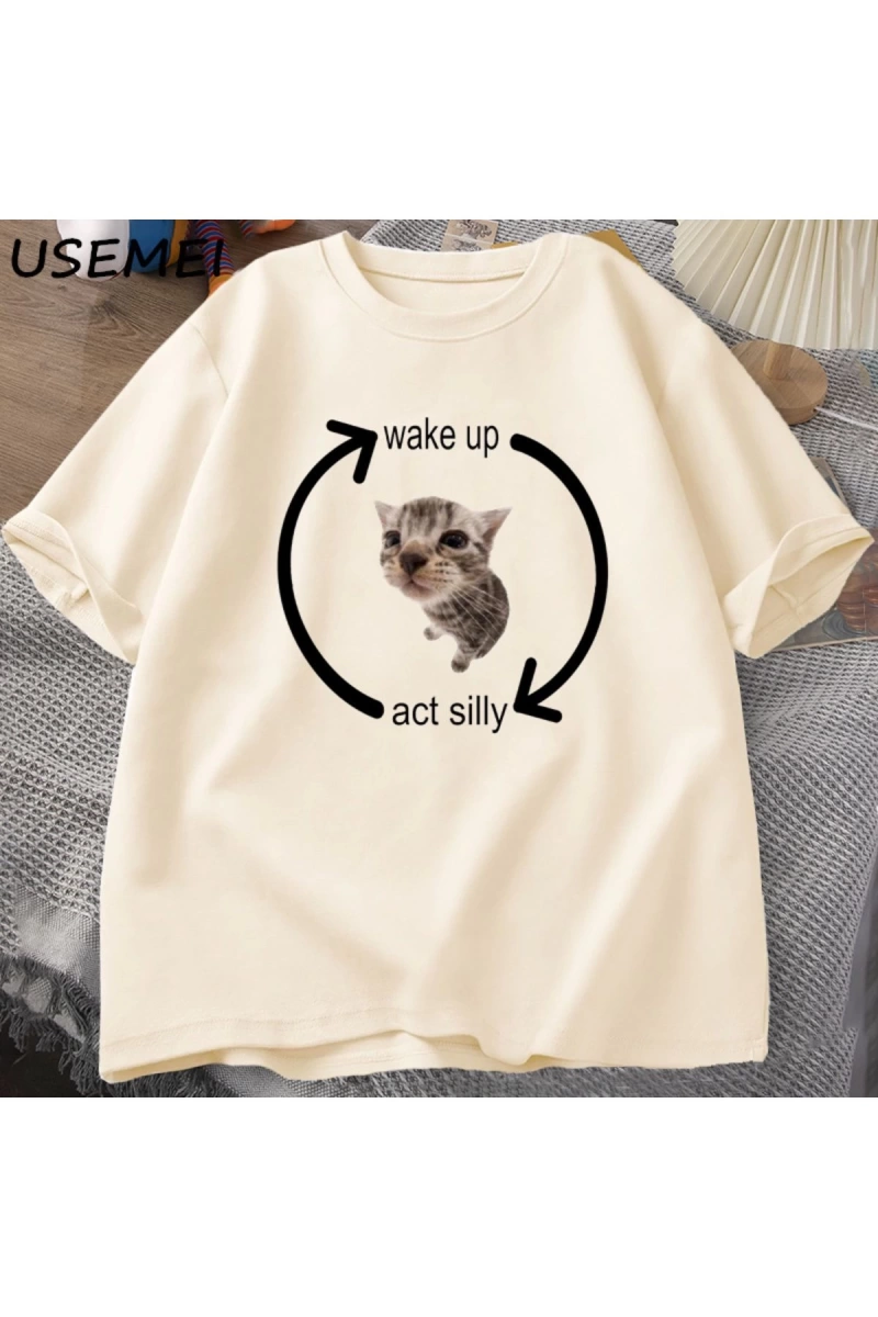 Uyandırma hareket aptal kedi T Shirt erkek kadın rahat erkek tişört adam giysileri pamuk kısa
