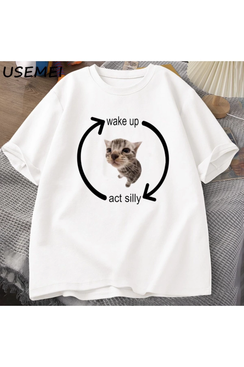 Uyandırma hareket aptal kedi T Shirt erkek kadın rahat erkek tişört adam giysileri pamuk kısa