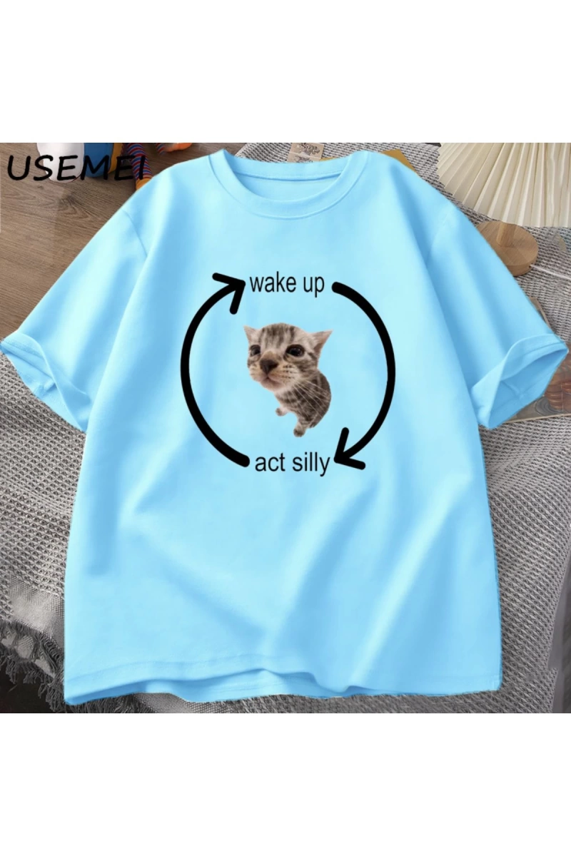 Uyandırma hareket aptal kedi T Shirt erkek kadın rahat erkek tişört adam giysileri pamuk kısa