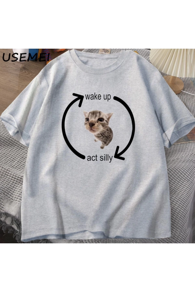 Uyandırma hareket aptal kedi T Shirt erkek kadın rahat erkek tişört adam giysileri pamuk kısa